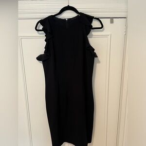 T Tahari Tania Boat Neck Ruffle Shoulder Sleeve Stretch Crepe Dress